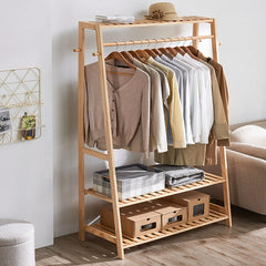 Bamboo Garment Coat Clothes Hanging Heavy Duty Rack with top shelf and 2-tier Shoe Clothing Storage Organizer Shelves