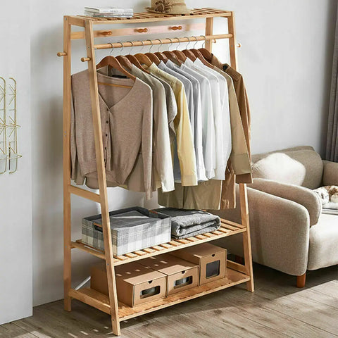 Bamboo Garment Coat Clothes Hanging Heavy Duty Rack with top shelf and 2-tier Shoe Clothing Storage Organizer Shelves