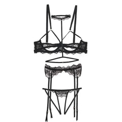 Sexy lingerie lace bra hollow steel support four-piece underwear set hanging neck garter belt open panties