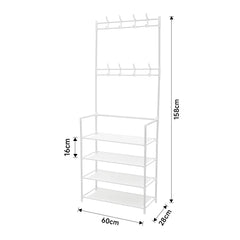 White Entryway 4 Tier Shoe Rack with Coat Hanger