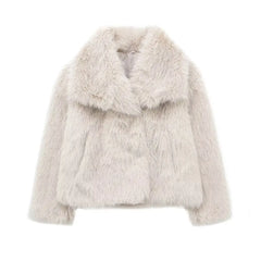 TRAF 2024 Women Fashion Cropped Faux Fur Jacket Coat Long Sleeve Front Snap-button Female Outerwear Chic Lapel Collar Thick Coat