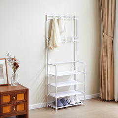 White Entryway 4 Tier Shoe Rack with Coat Hanger