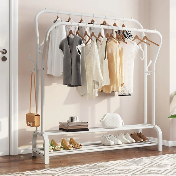 Double Rail Standing Clothes Rack Clothes Rail Shoes Rack Storage Shelf Wall Clothes Rack for Wardrobe Room Bedroom Living Room