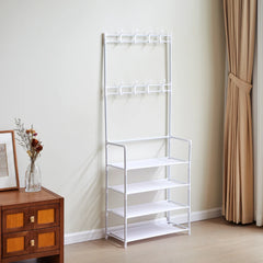 White Entryway 4 Tier Shoe Rack with Coat Hanger