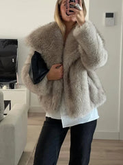 TRAF 2024 Woman Autumn Winter Faux Fur Coat Plush Fluffy Women's Jacket New in Outerwears White Red Gray Black Wool Blends Coats