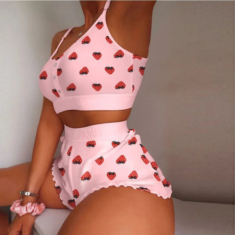 2 Pieces Set Women's Pajama Shorts Suit Multiple Print Underwear Sexy Lingerie Camisoles Tanks Nighty Ladies Loungewear Homewear