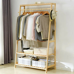 Bamboo Garment Coat Clothes Hanging Heavy Duty Rack with top shelf and 2-tier Shoe Clothing Storage Organizer Shelves