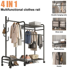 Clothing Rail Coat Rack Movable Multi-Rail Clothes Shelf Floor-Standing Clothes Hanger Bedroom Clothes Rack Stand