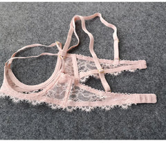 Sexy lingerie lace bra hollow steel support four-piece underwear set hanging neck garter belt open panties