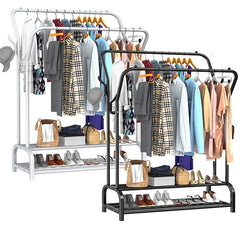 Double Rail Standing Clothes Rack Clothes Rail Shoes Rack Storage Shelf Wall Clothes Rack for Wardrobe Room Bedroom Living Room